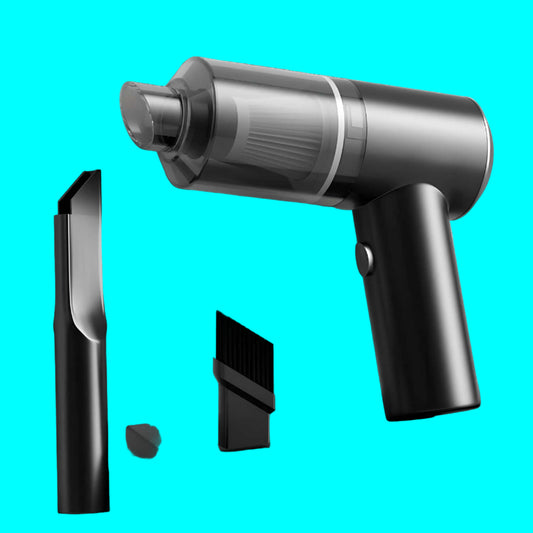 Black and silver handheld vacuum cleaner with attachments on a light gray background